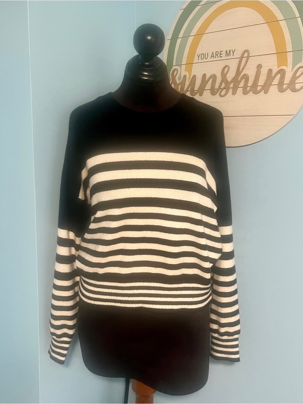 Philosophy Black and White Striped Crewneck Sweater, L